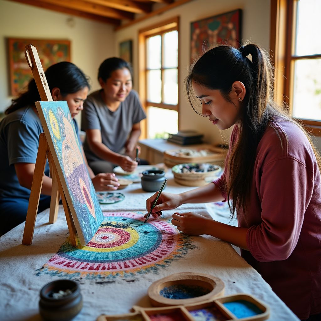 Aboriginal artists creating traditional artwork