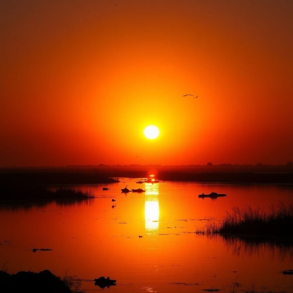 Sunset over tranquil billabong with wildlife